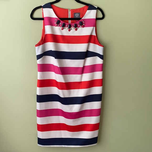 Vince Camuto Striped Sleeveless Gem Neckline Dress - Picture 3 of 7